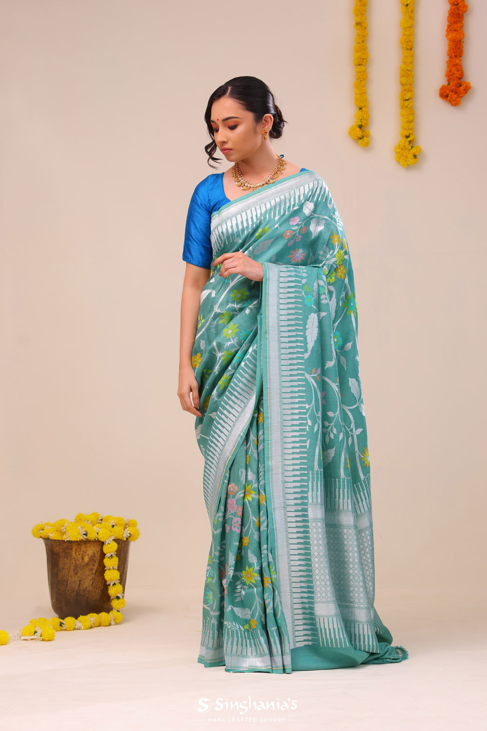 Verdigris Green Floral Banarasi Silk Saree