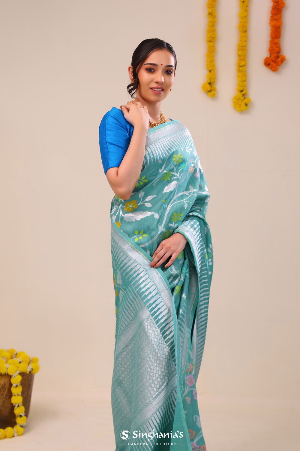 Verdigris Green Floral Banarasi Silk Saree