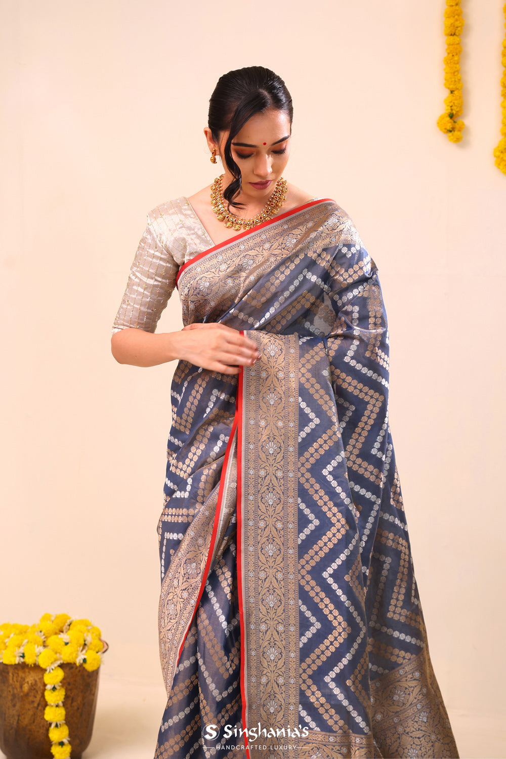 Greyish Blue Banarasi Silk Saree