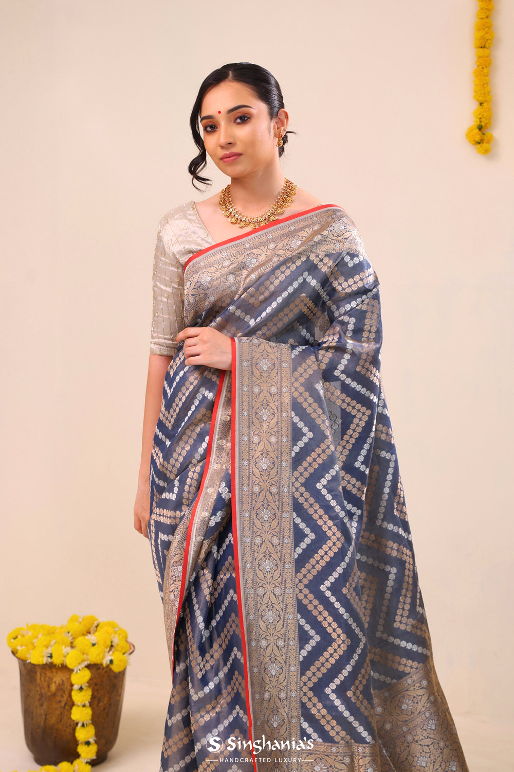 Greyish Blue Banarasi Silk Saree