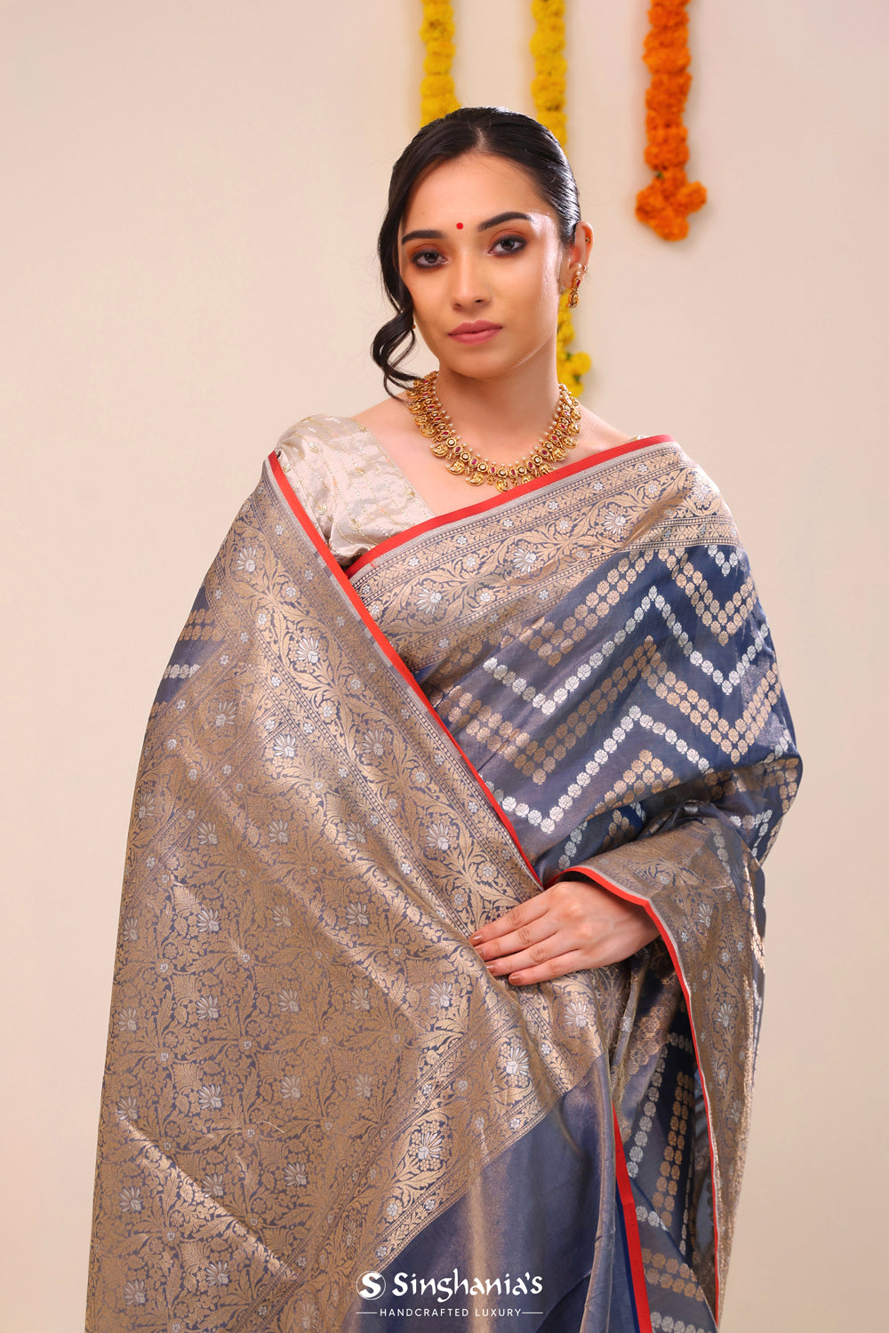 Greyish Blue Banarasi Silk Saree