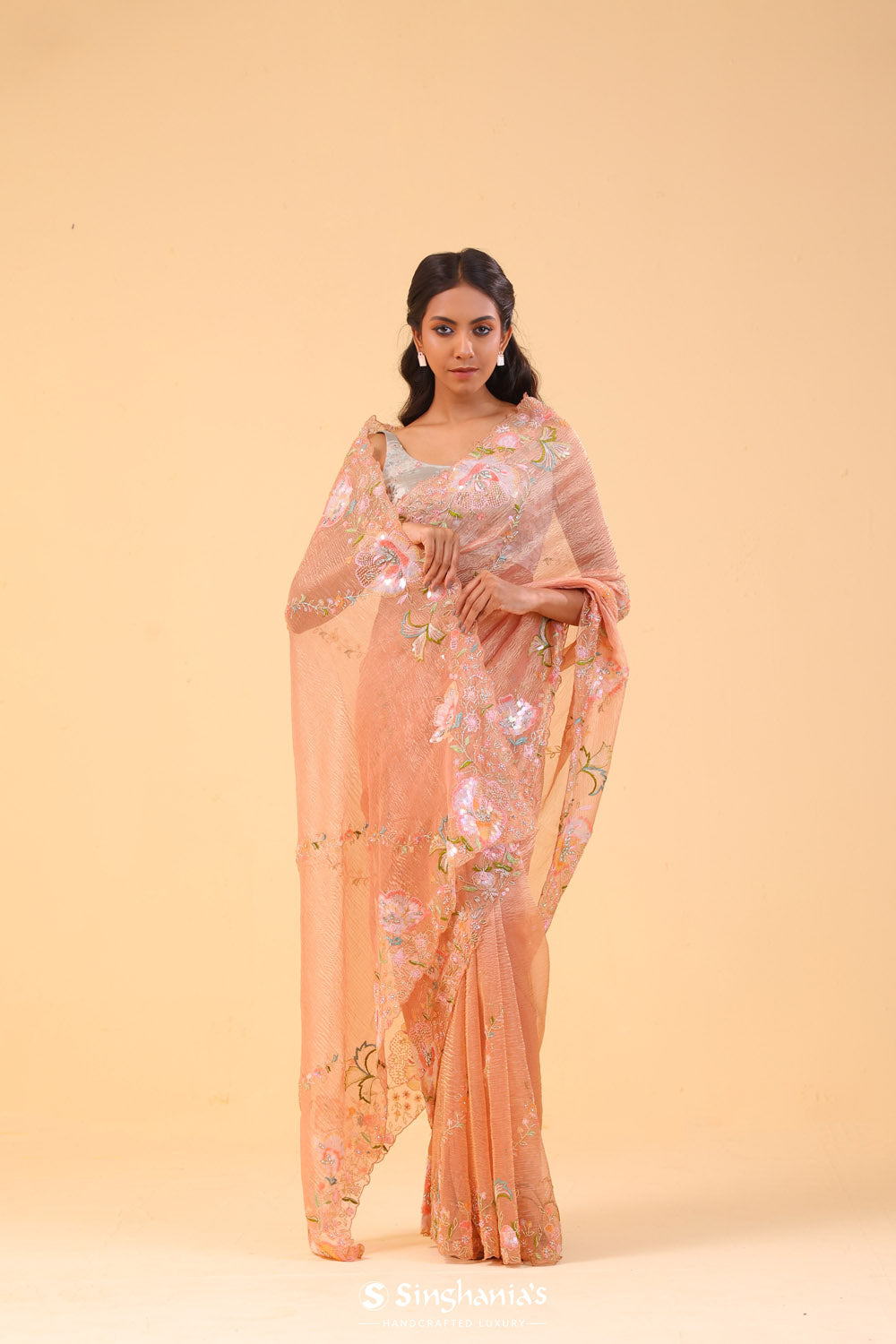 Salmon Peach Crushed Tissue Handcrafted Saree