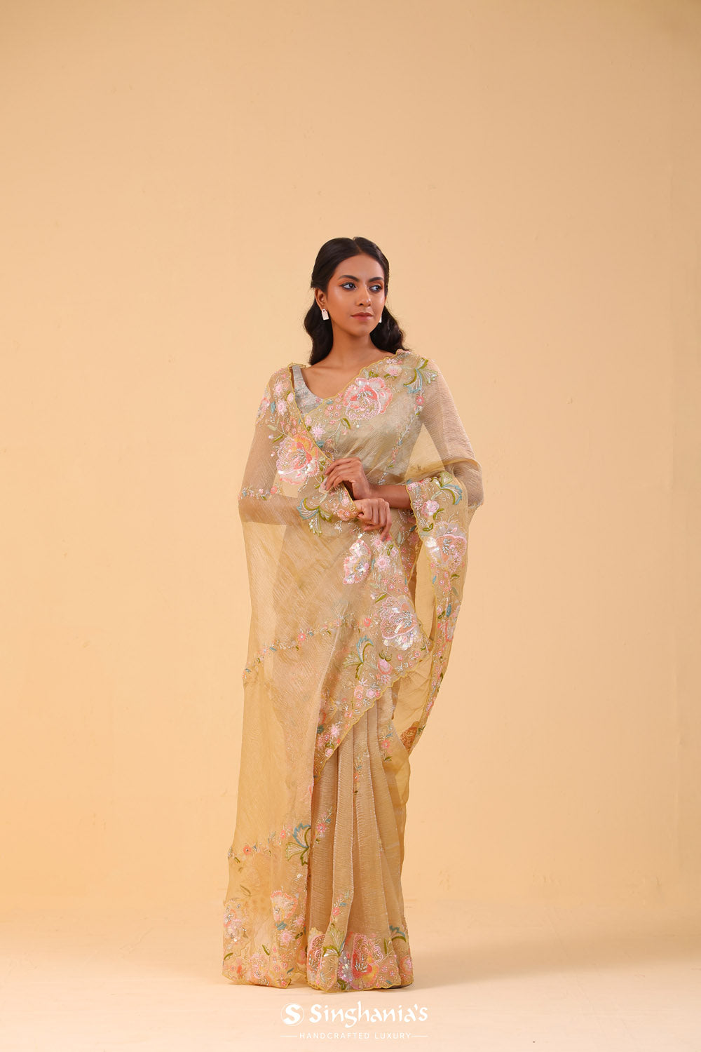 Spanish Yellow Crushed Tissue Handcrafted Saree