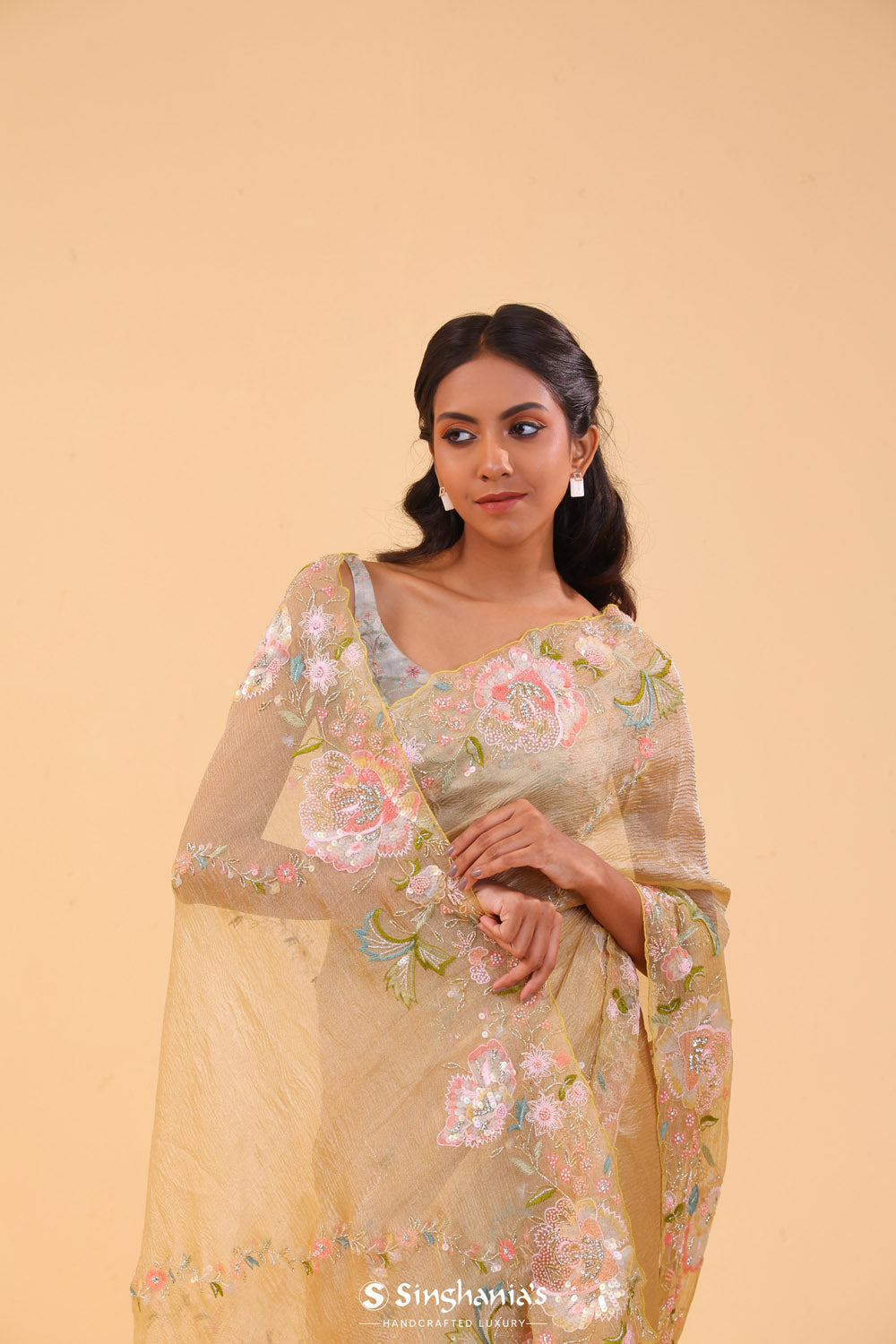 Spanish Yellow Crushed Tissue Handcrafted Saree