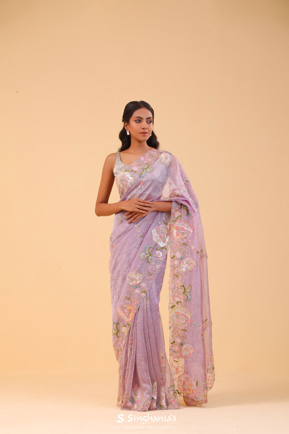 Thistle Purple Crushed Tissue Handcrafted Saree