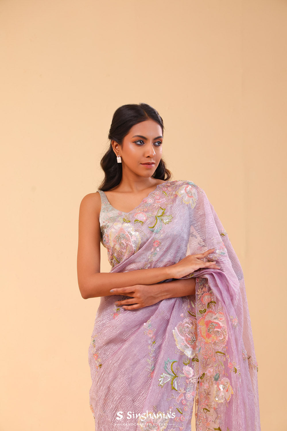 Thistle Purple Crushed Tissue Handcrafted Saree