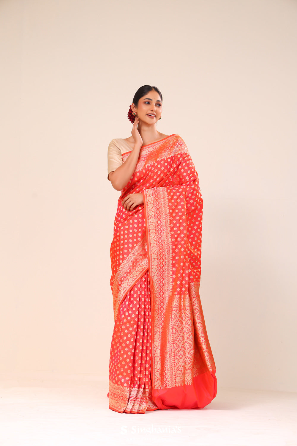 Tomato Red Chiniya Banarasi Silk Saree