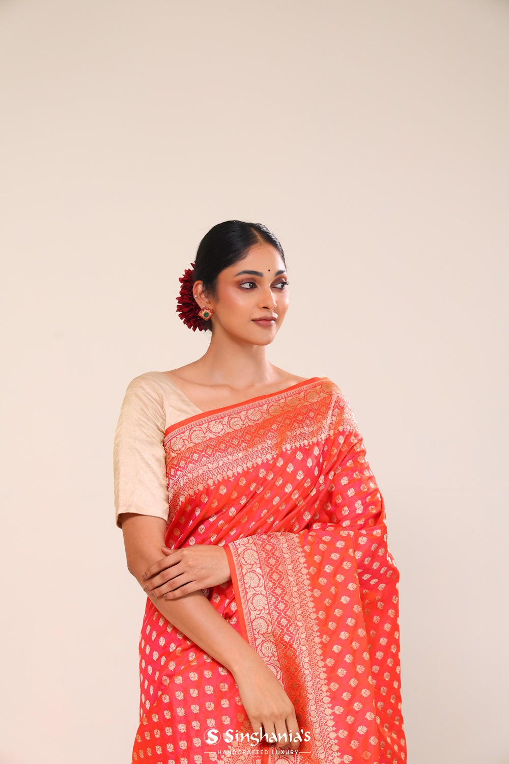 Tomato Red Chiniya Banarasi Silk Saree