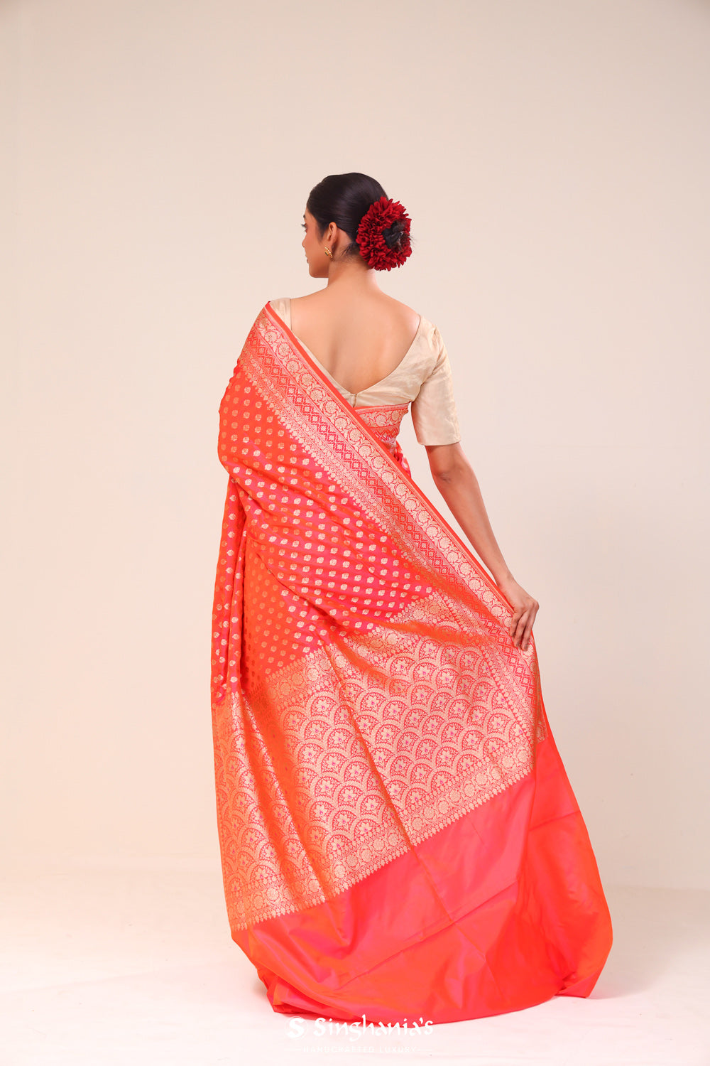 Tomato Red Chiniya Banarasi Silk Saree