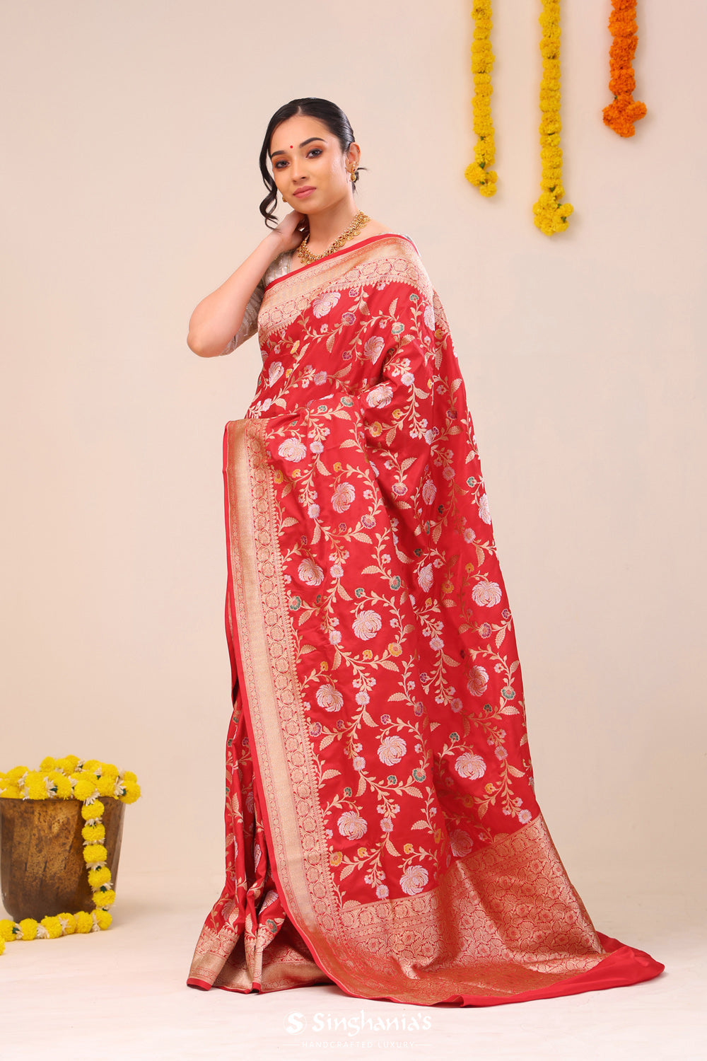 Bright Red Jaal Banarasi Silk Saree