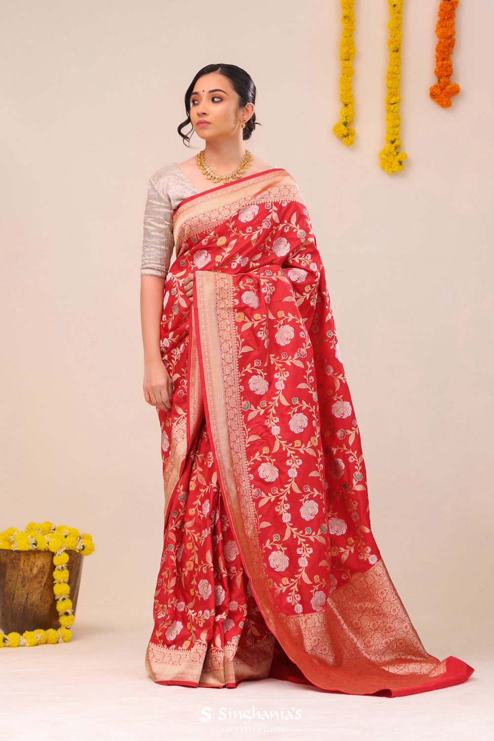 Bright Red Jaal Banarasi Silk Saree