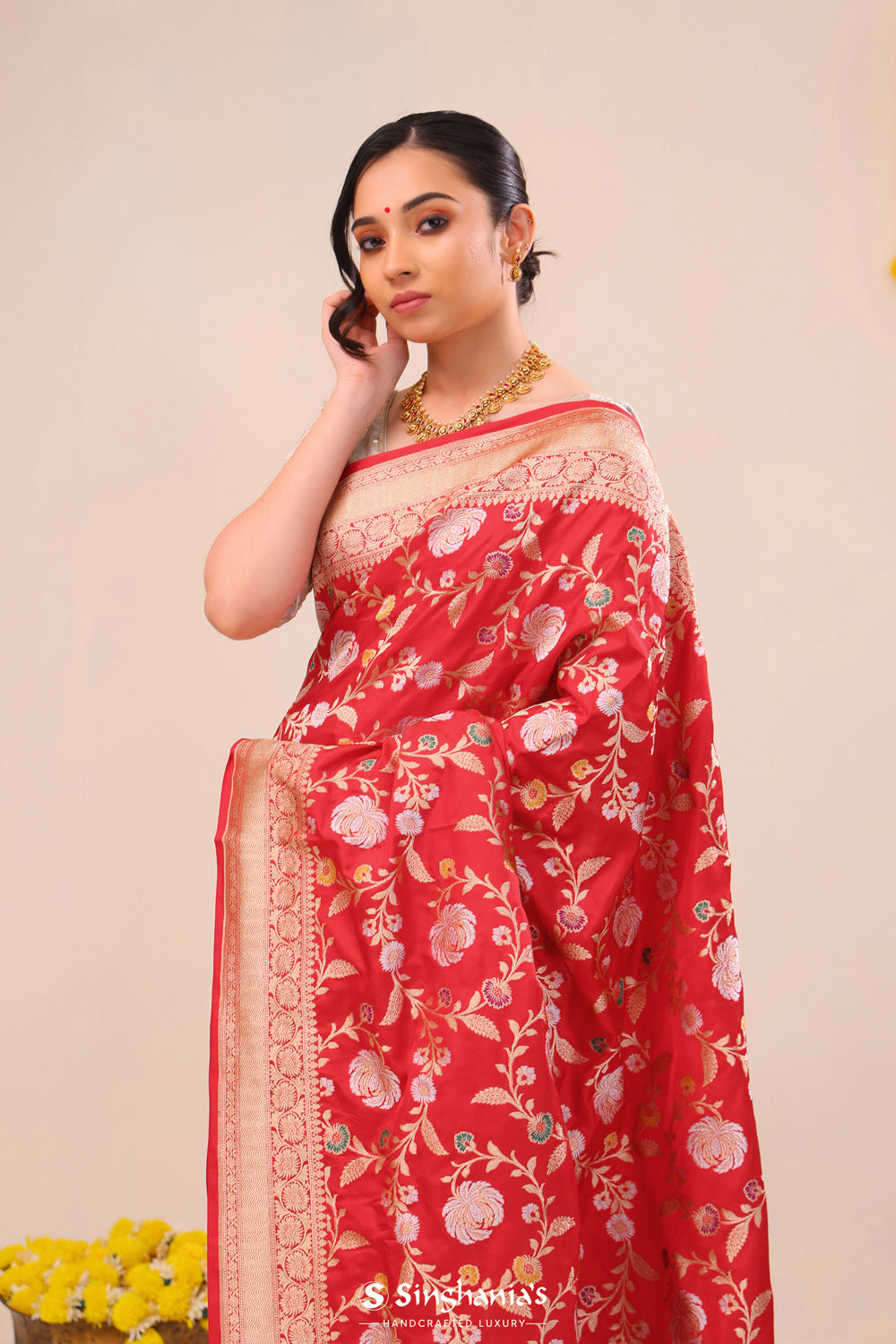 Bright Red Jaal Banarasi Silk Saree