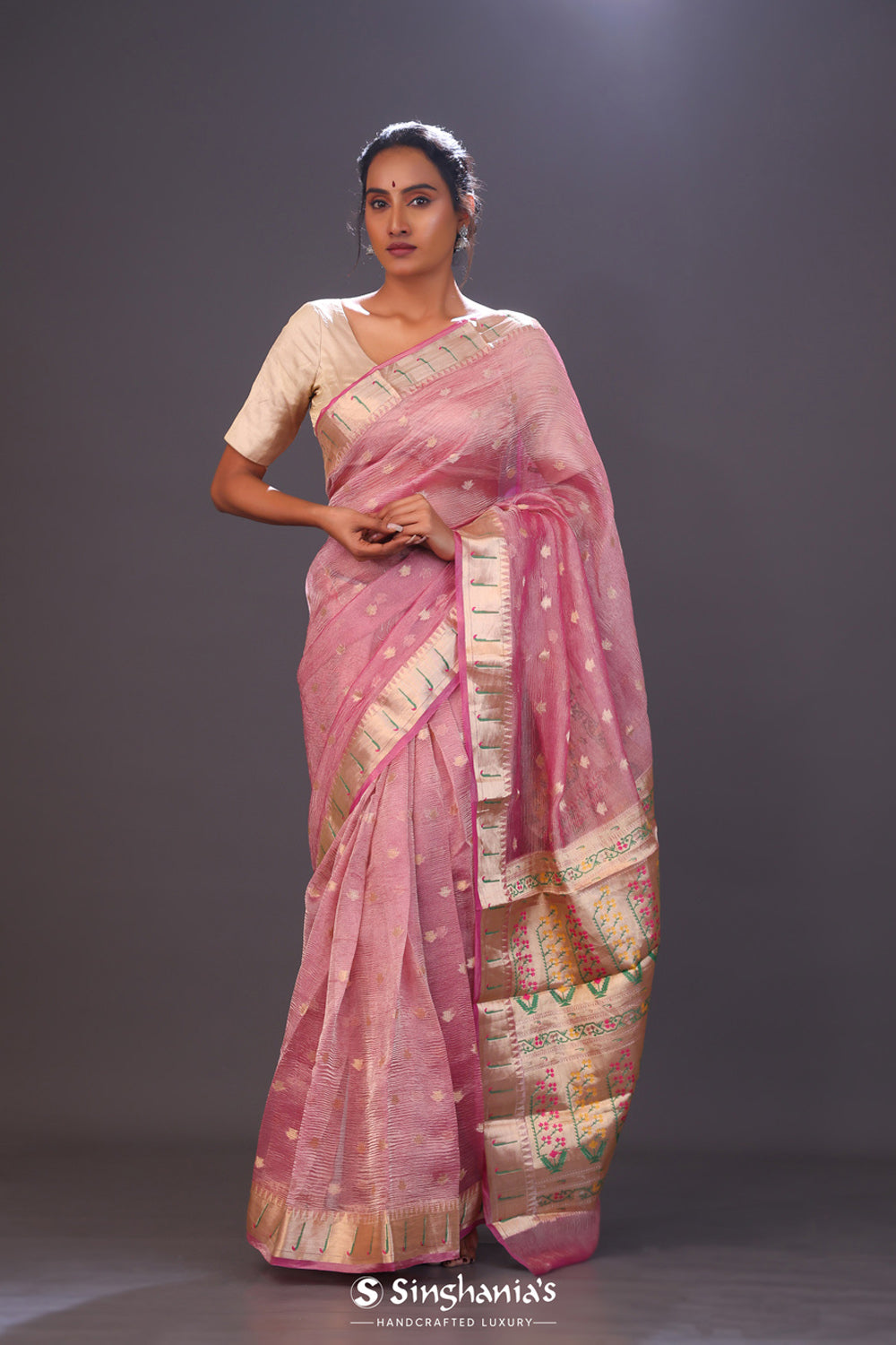 Rose Pink Tissue Chiniya Banarasi Saree