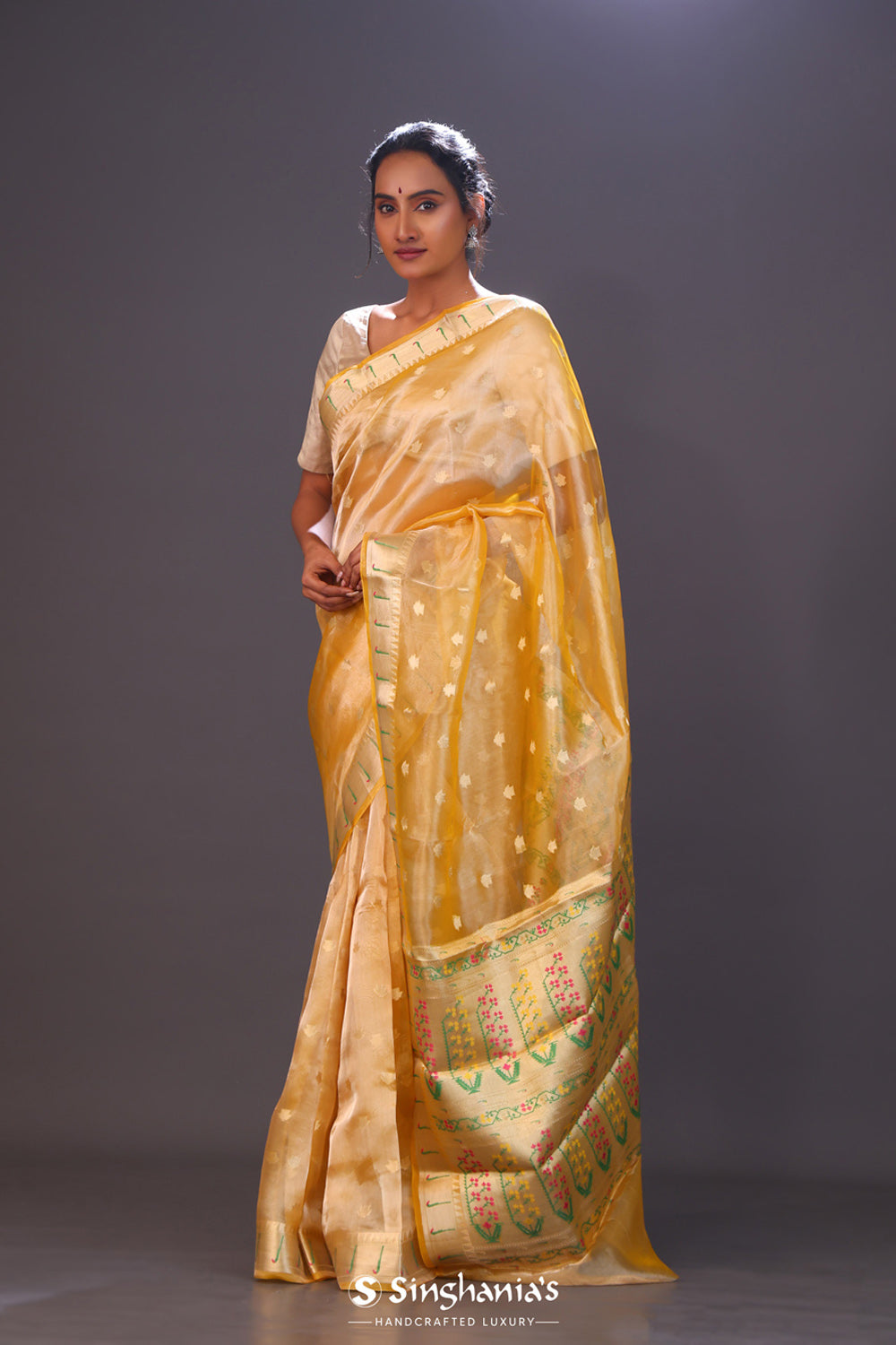 Golden Yellow Tissue Chiniya Banarasi Saree