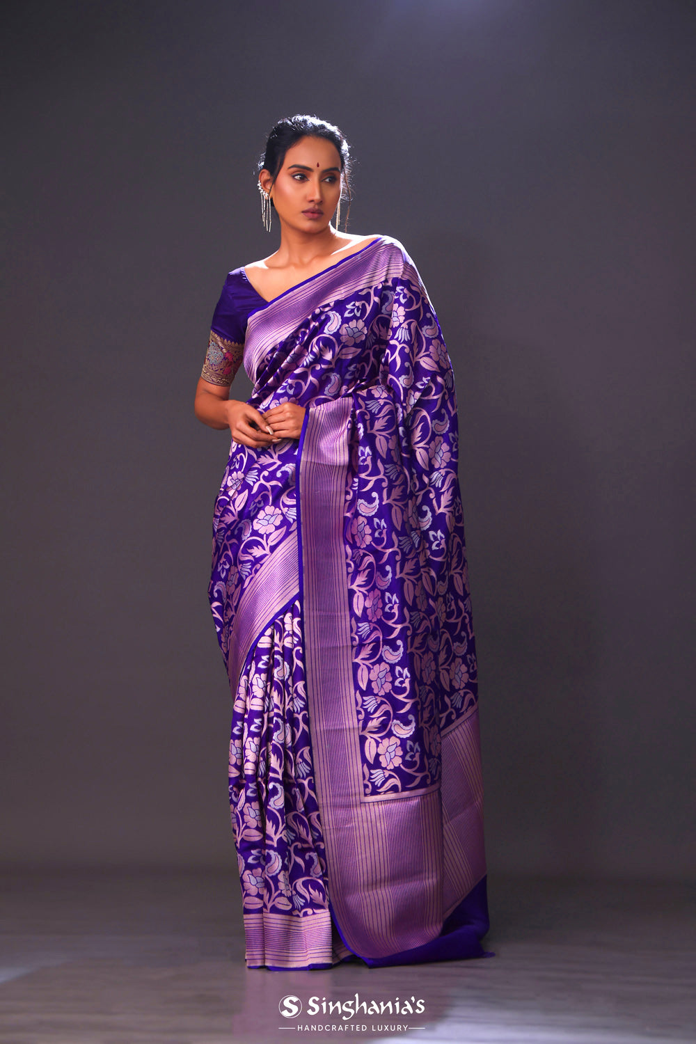 Indigo Purple Floral Banarasi Silk Saree