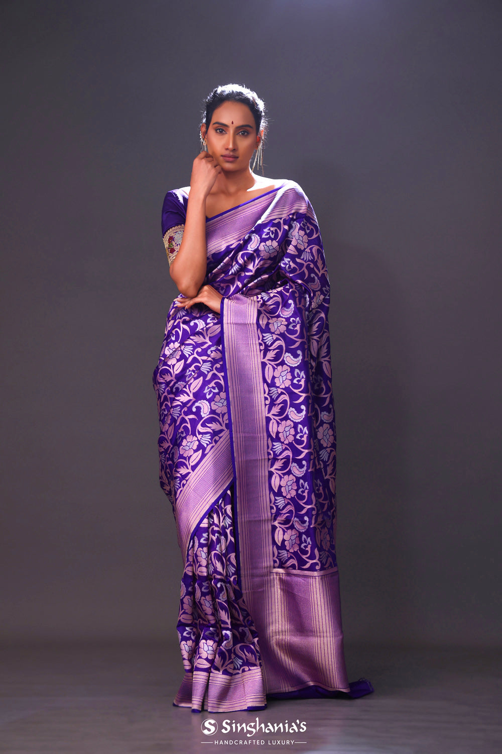 Indigo Purple Floral Banarasi Silk Saree