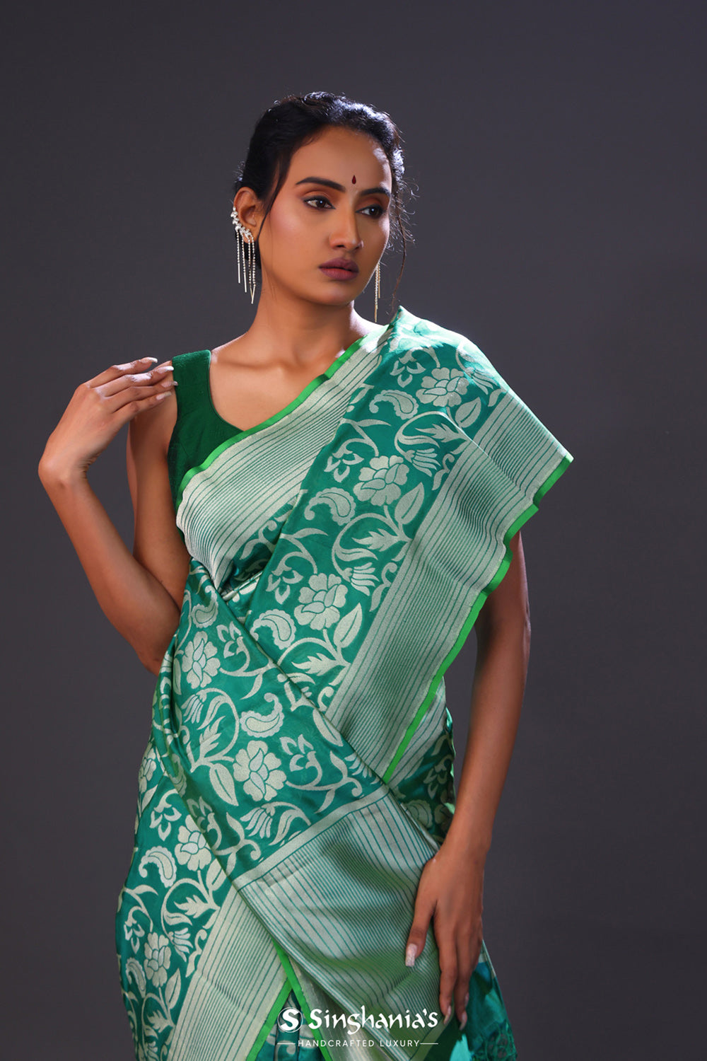 Viridian Green Jaal Banarasi Silk Saree