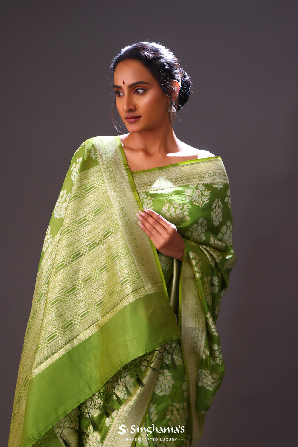 Dark Lemon-Lime Floral Banarasi Silk Saree