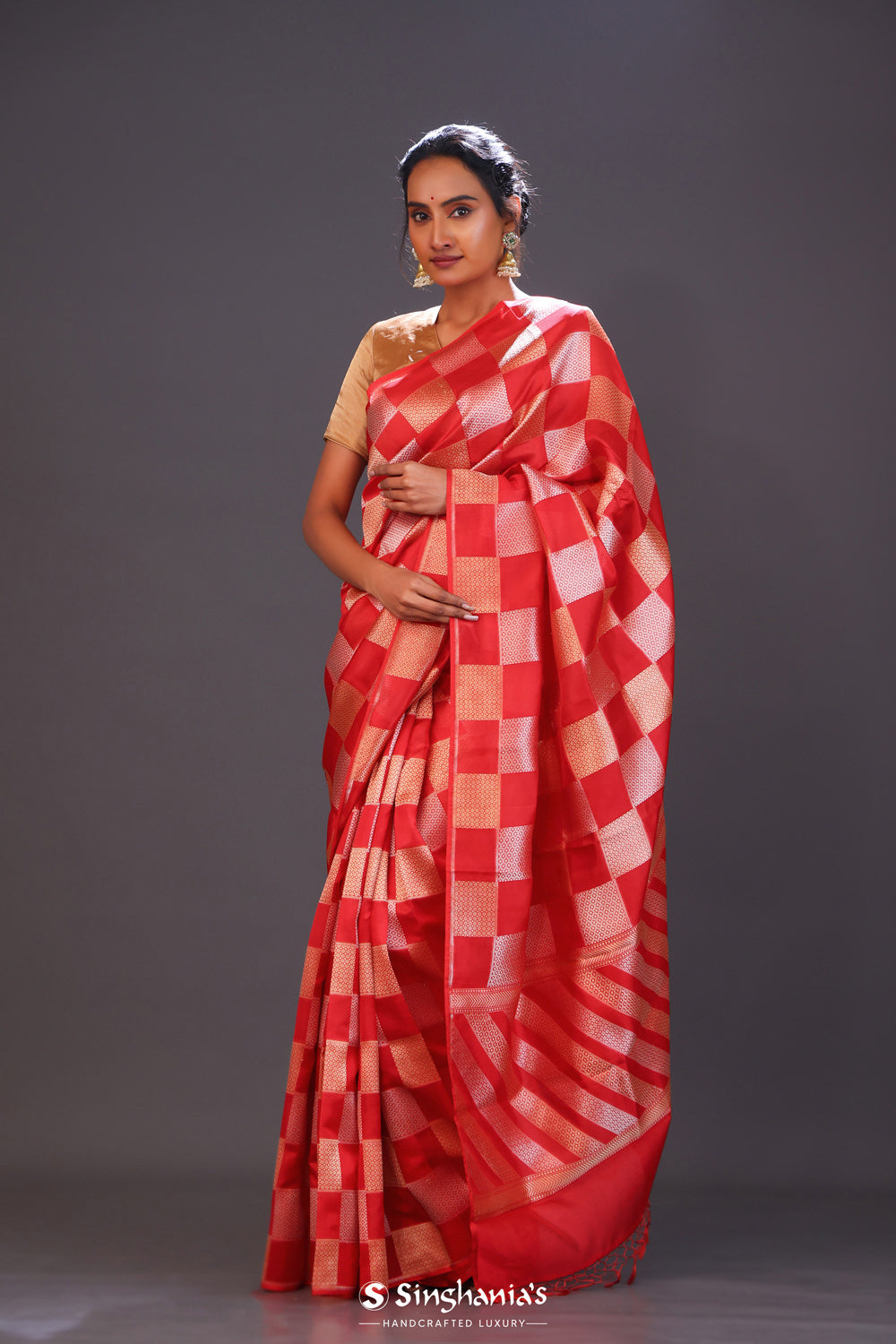 Persian Red Checks Banarasi Silk Saree