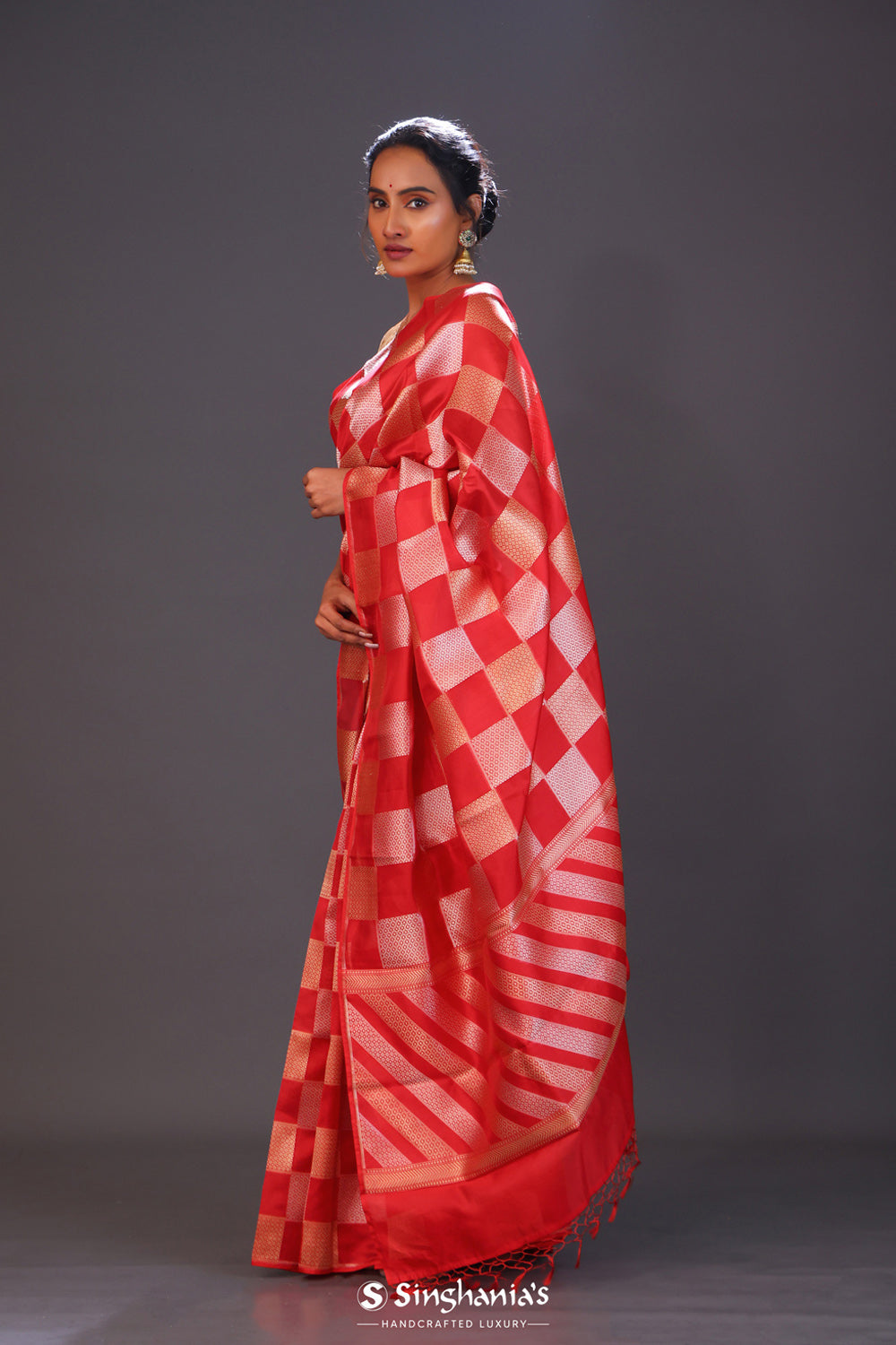 Persian Red Checks Banarasi Silk Saree