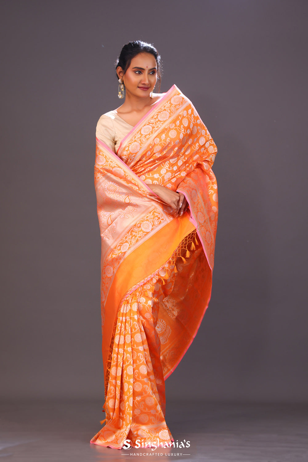 Pumpkin Orange Jaal Banarasi Silk Saree