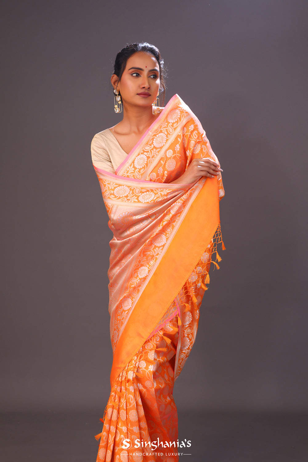 Pumpkin Orange Jaal Banarasi Silk Saree