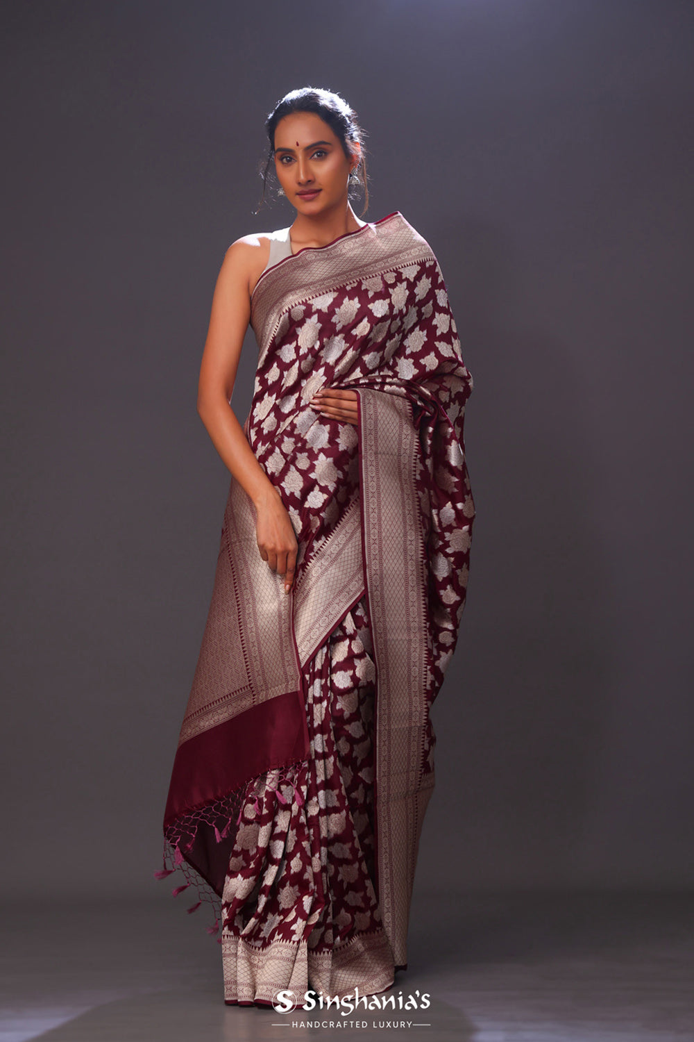 Jam Purple Floral Banarasi Silk Saree