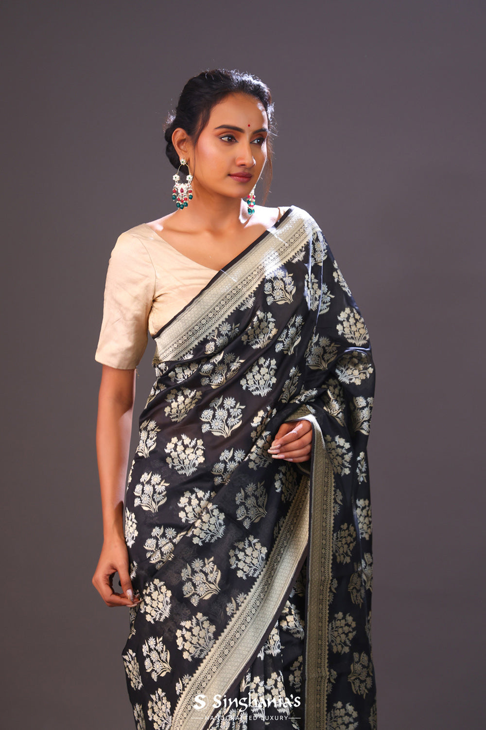 Charcoal Black Floral Banarasi Silk Saree