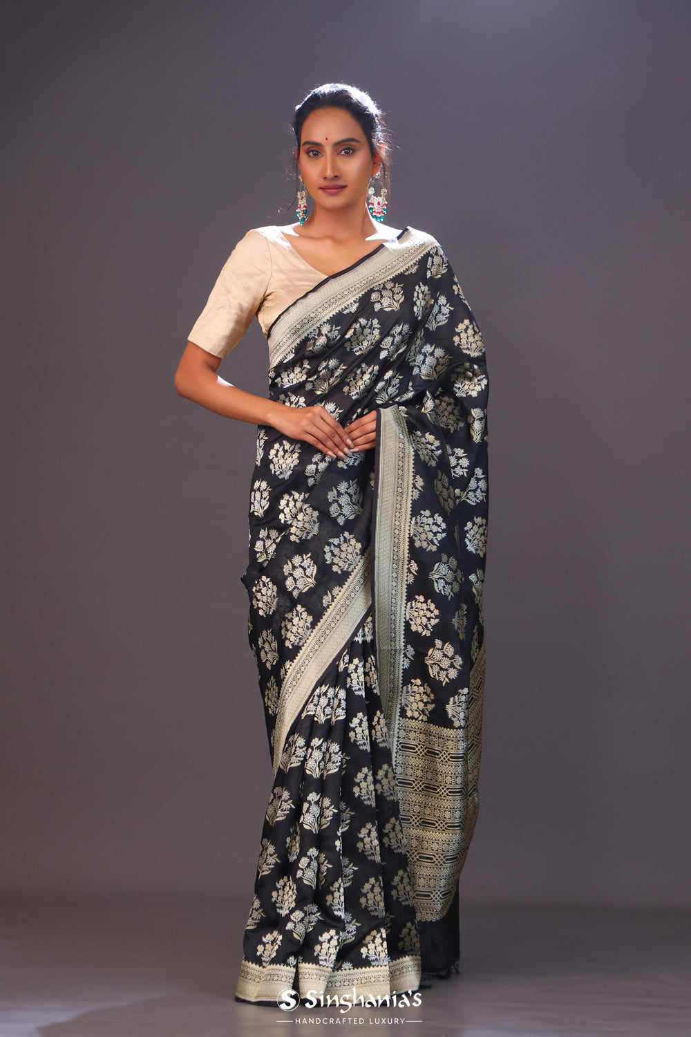 Charcoal Black Floral Banarasi Silk Saree