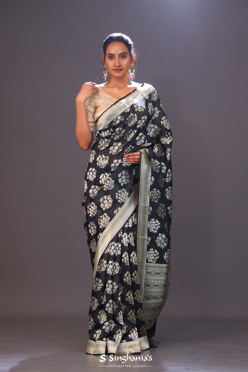 Charcoal Black Floral Banarasi Silk Saree