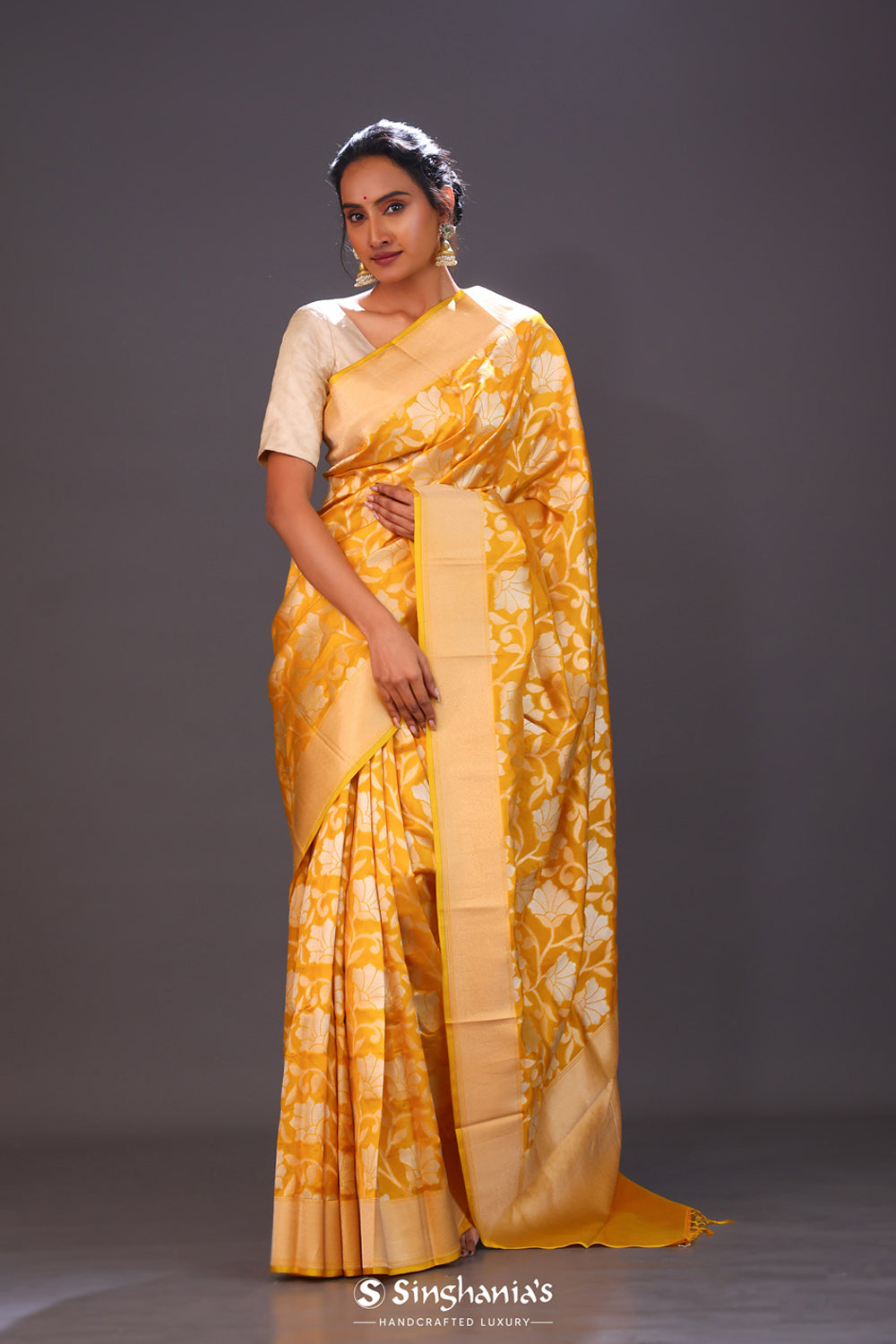 Deep Saffron Jaal Banarasi Silk Saree