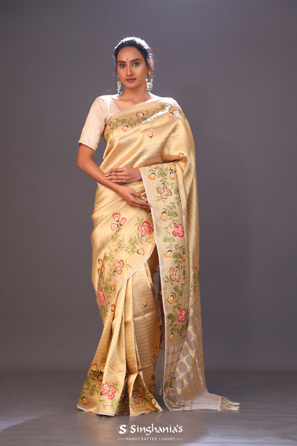 Cream Gold Handcrafted Tissue Banarasi Saree