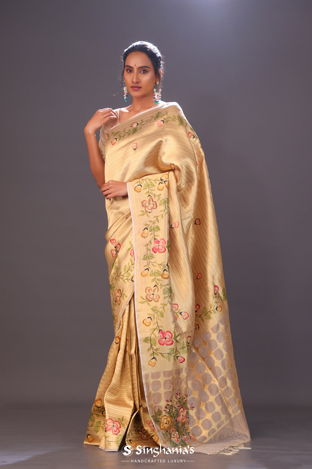 Cream Gold Handcrafted Tissue Banarasi Saree