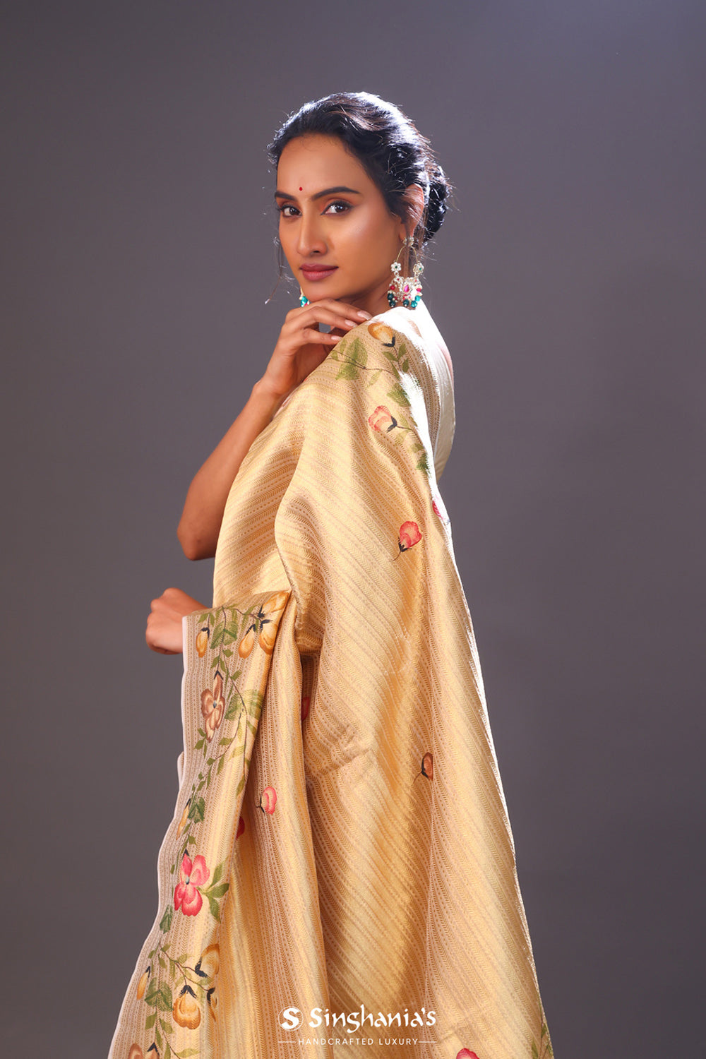 Cream Gold Handcrafted Tissue Banarasi Saree