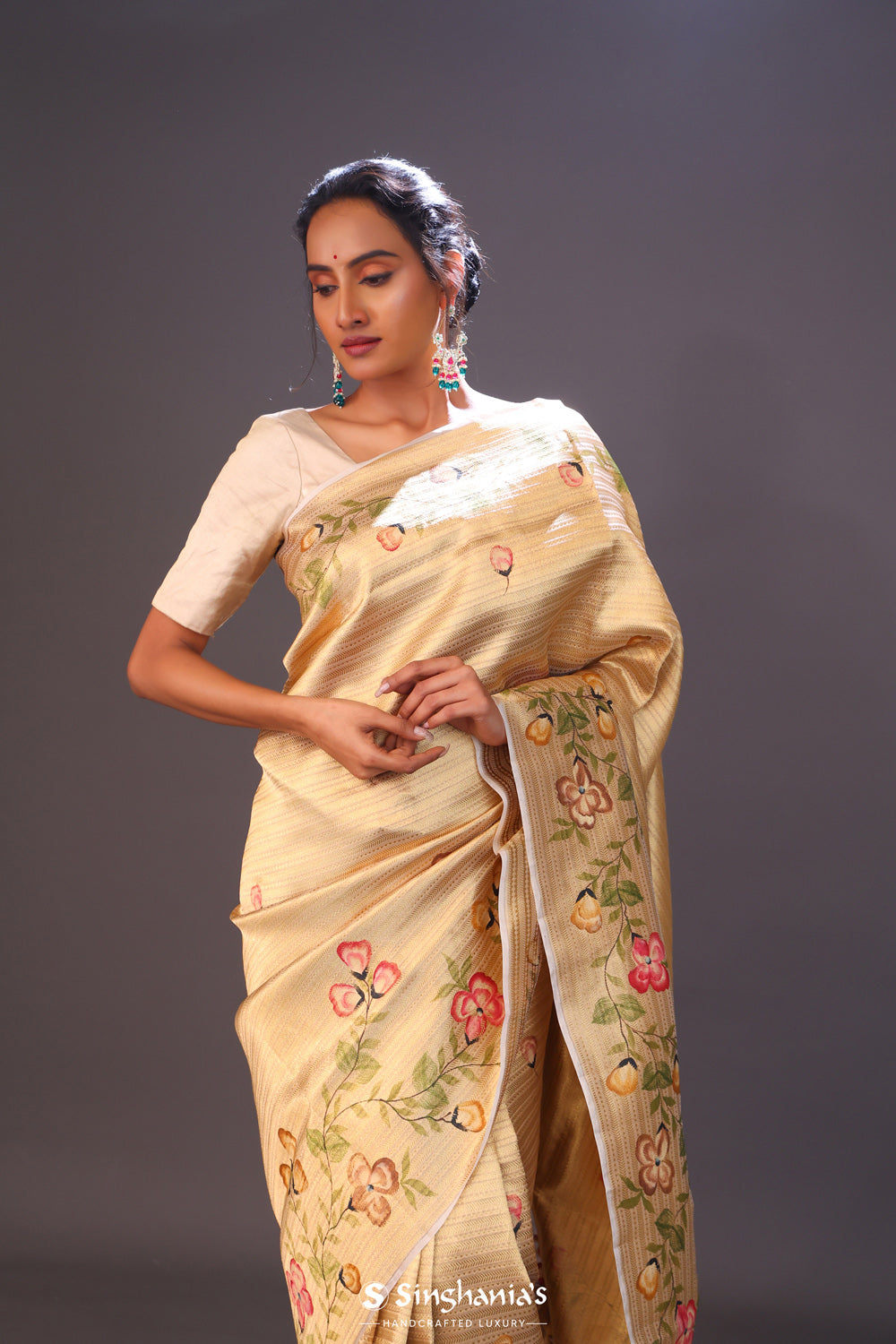 Cream Gold Handcrafted Tissue Banarasi Saree