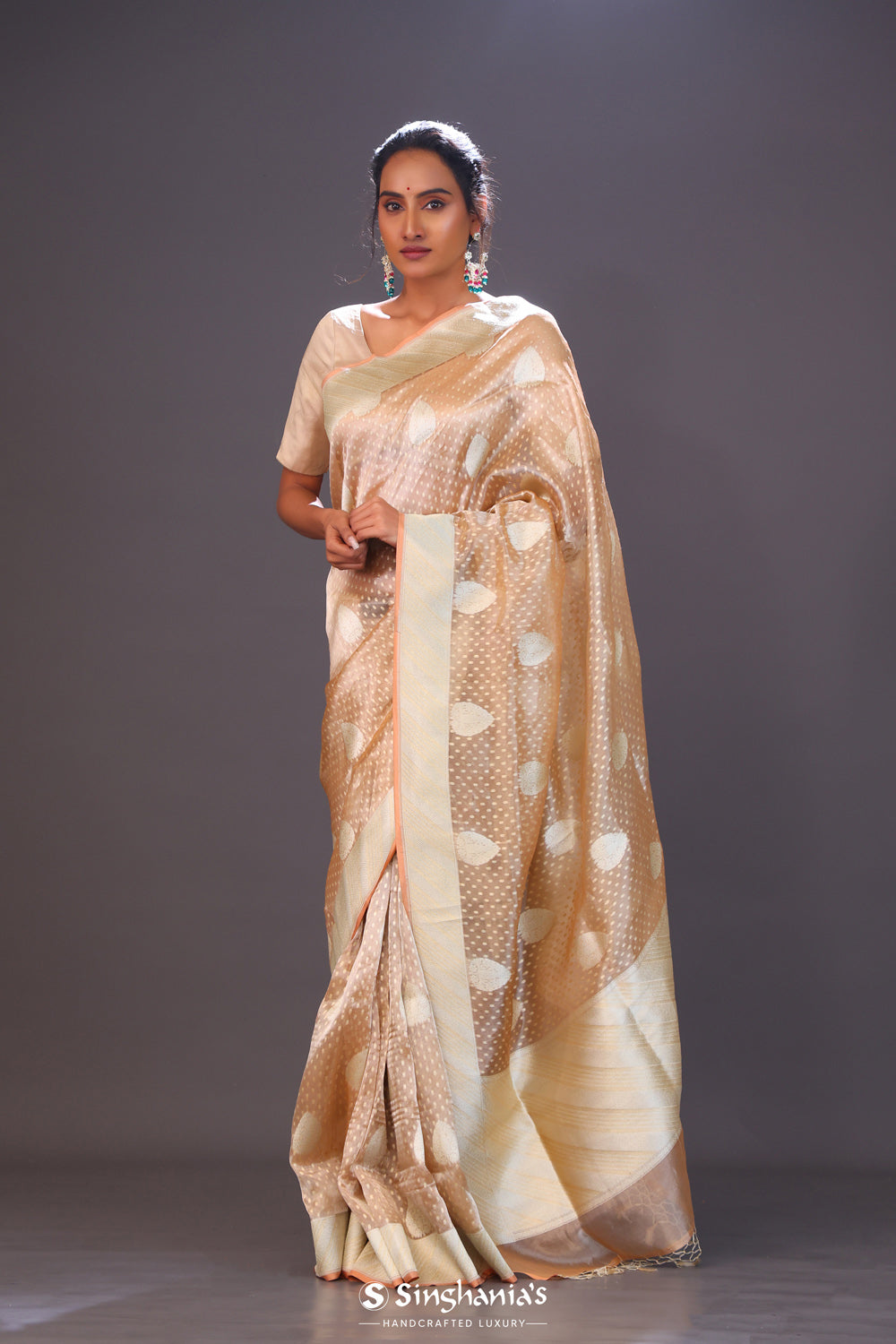 Marble Peach Floral Butta Organza Banarasi Saree