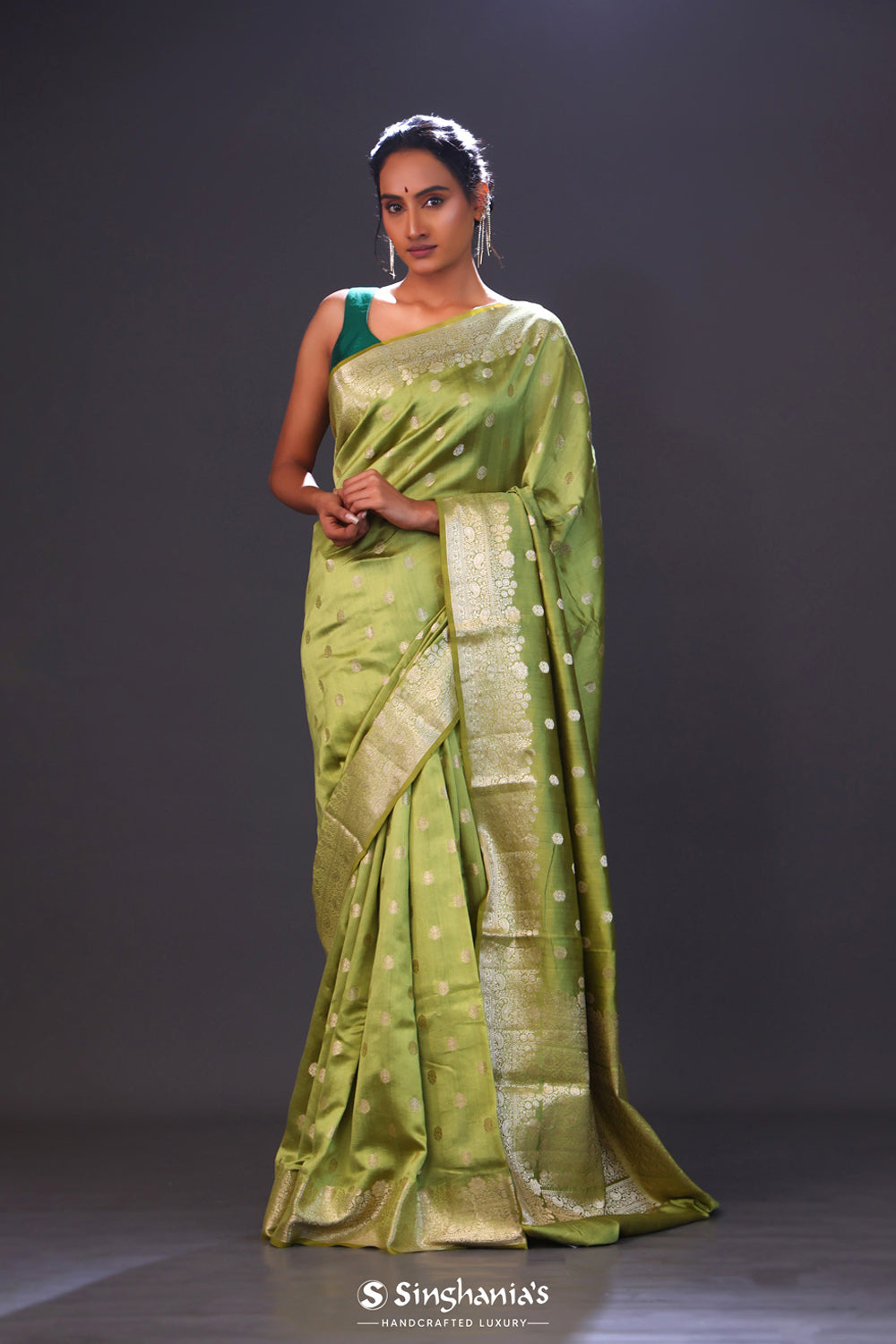 Olive Green Chiniya Banarasi Silk Saree