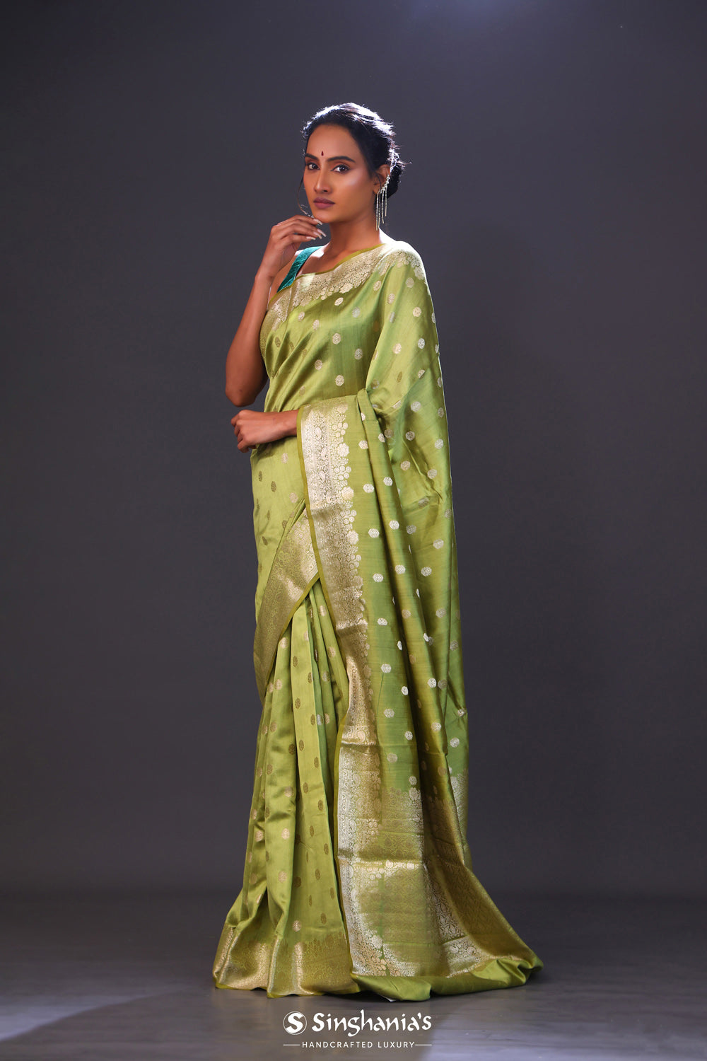 Olive Green Chiniya Banarasi Silk Saree