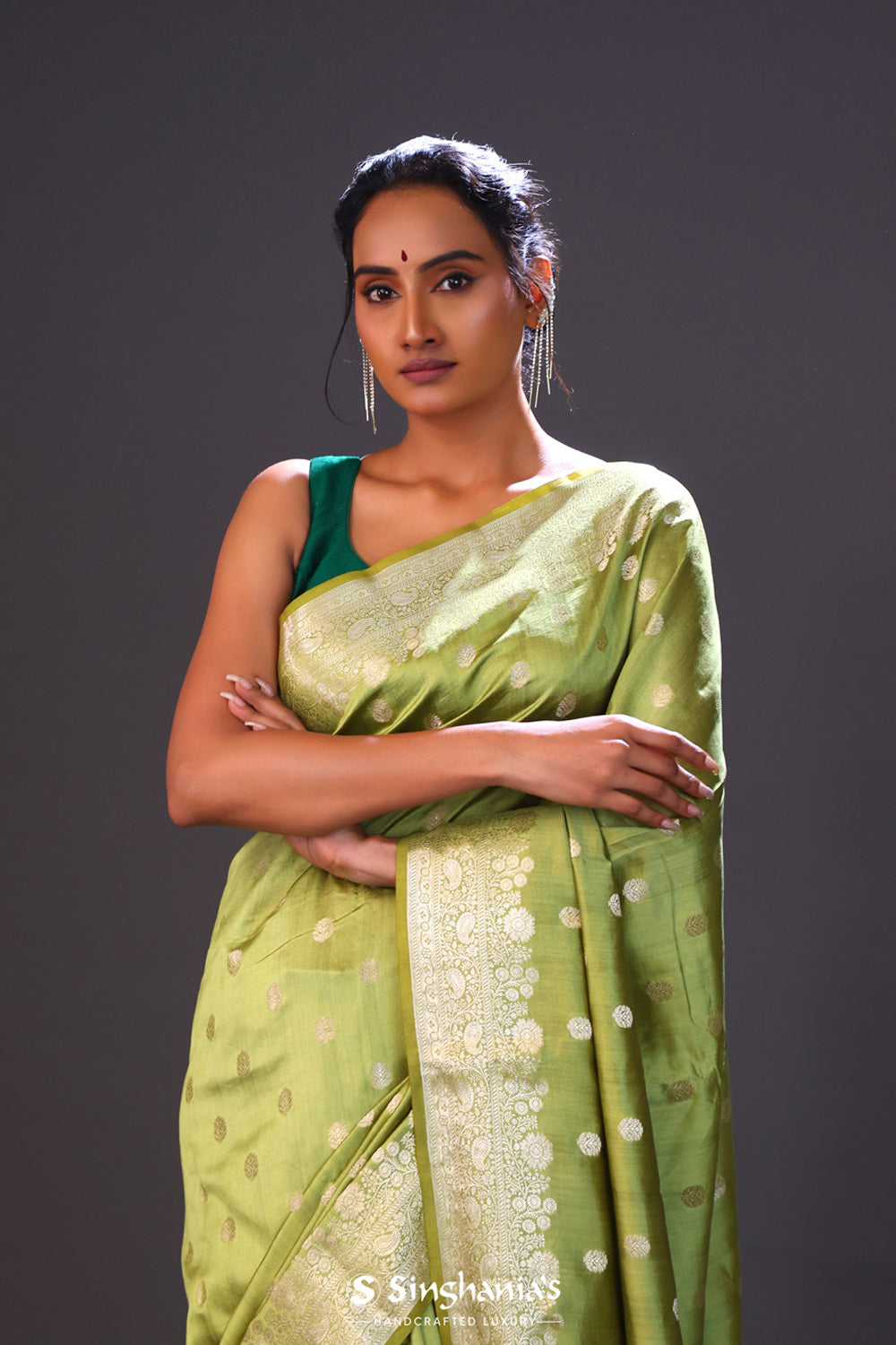 Olive Green Chiniya Banarasi Silk Saree