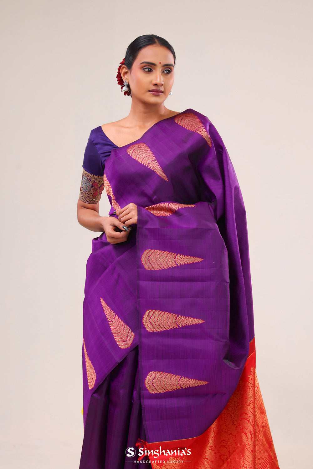 Deep Purple Floral Kanjivaram Silk Saree