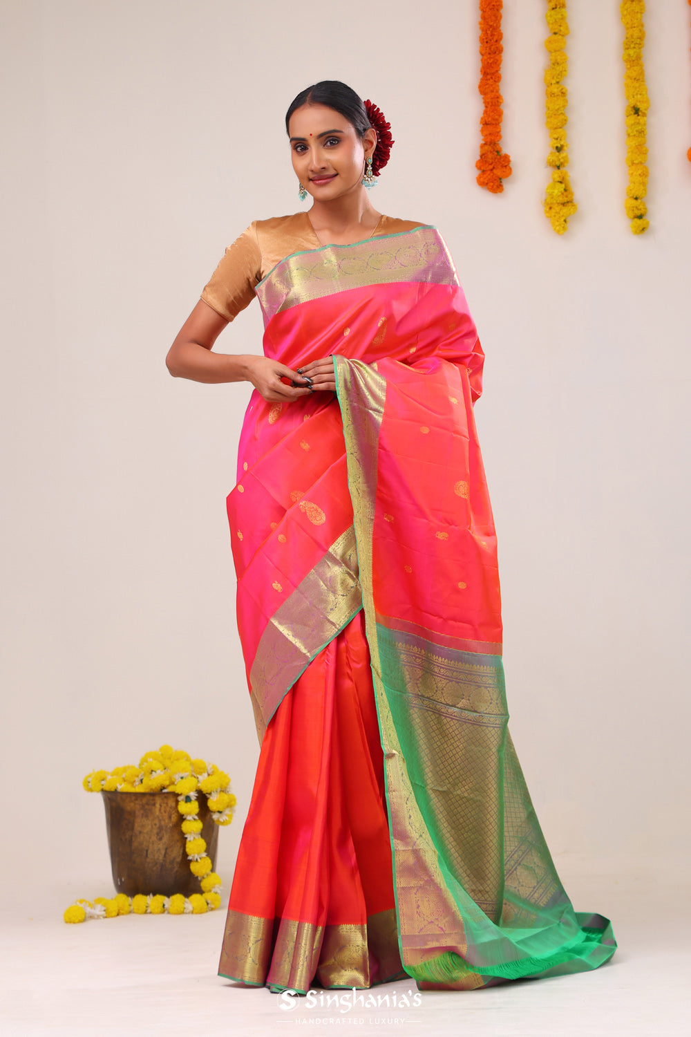 Neon Fuchsia Paisley Kanjivaram Silk Saree