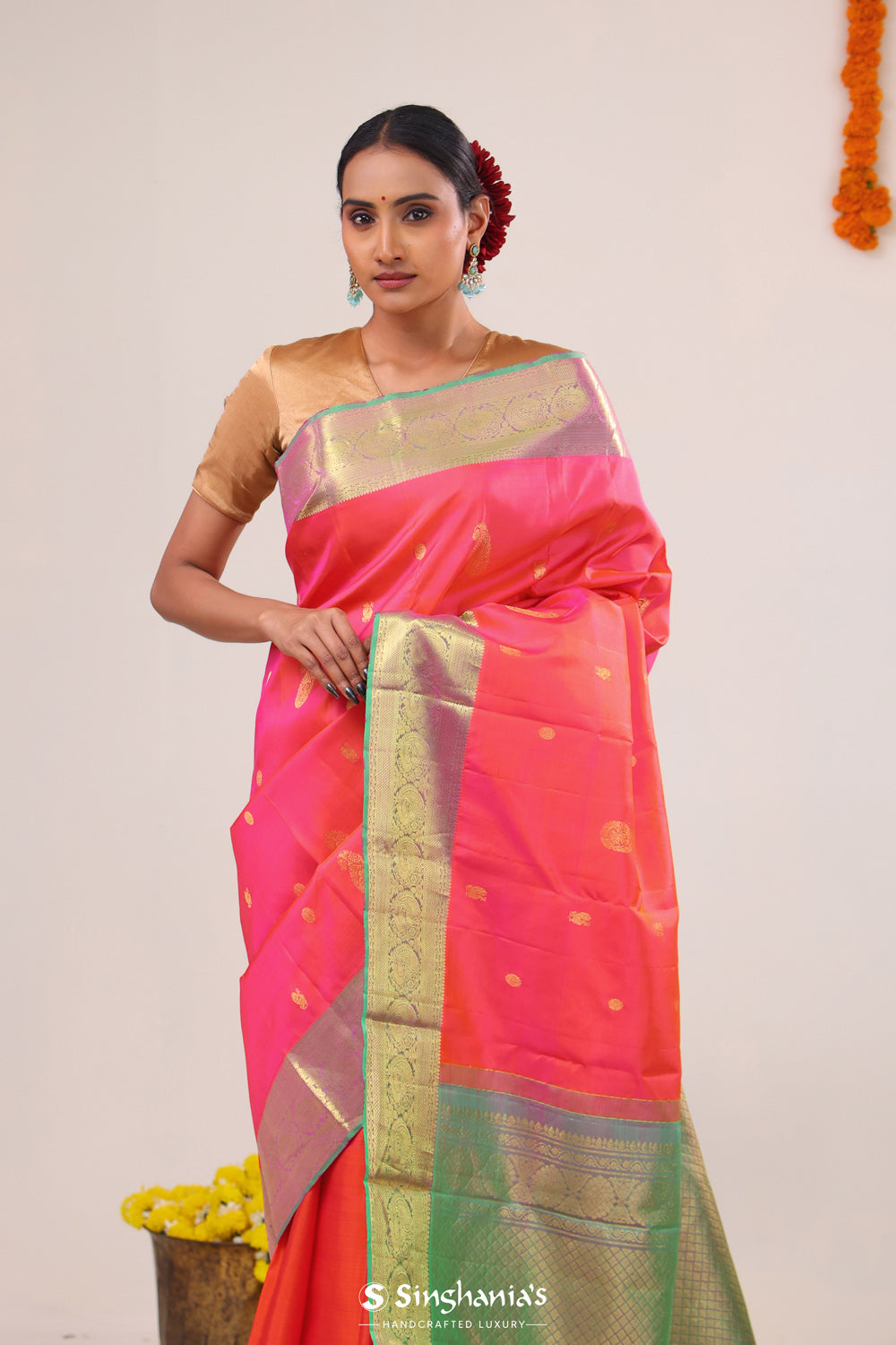 Neon Fuchsia Paisley Kanjivaram Silk Saree