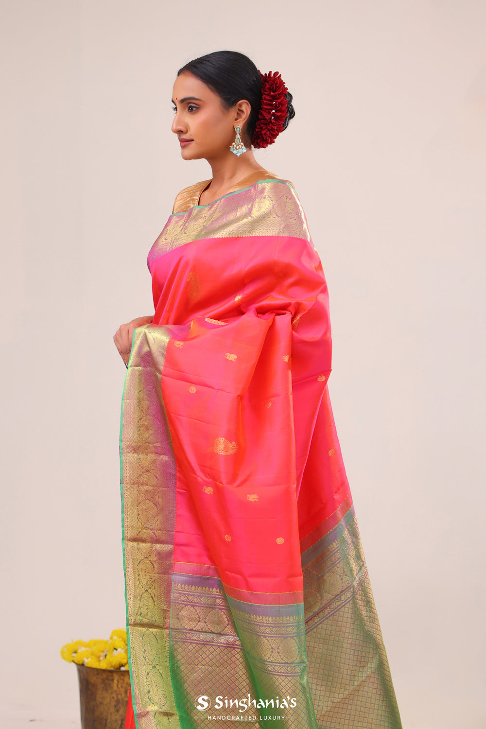 Neon Fuchsia Paisley Kanjivaram Silk Saree