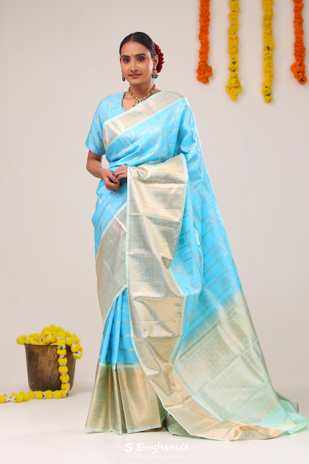 Electric Blue Checks-Mayil Kanjivaram Silk Saree