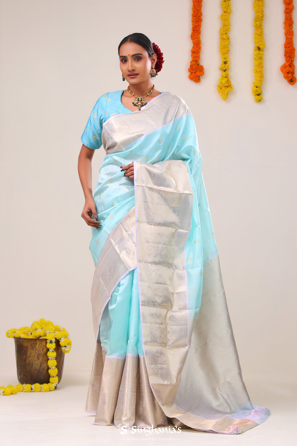 Electric Blue Butti Kanjivaram Silk Saree