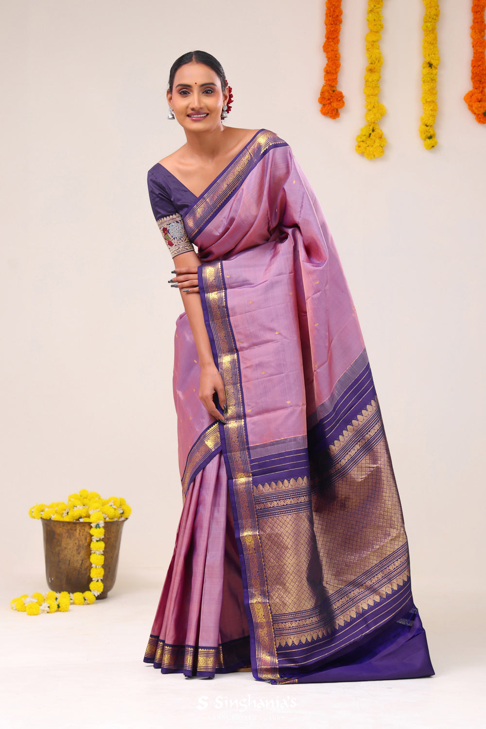 Pink Purple Butti Kanjivaram Silk Saree