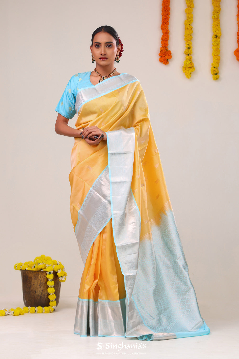 Yellow Peach Kanjivaram Silk Saree