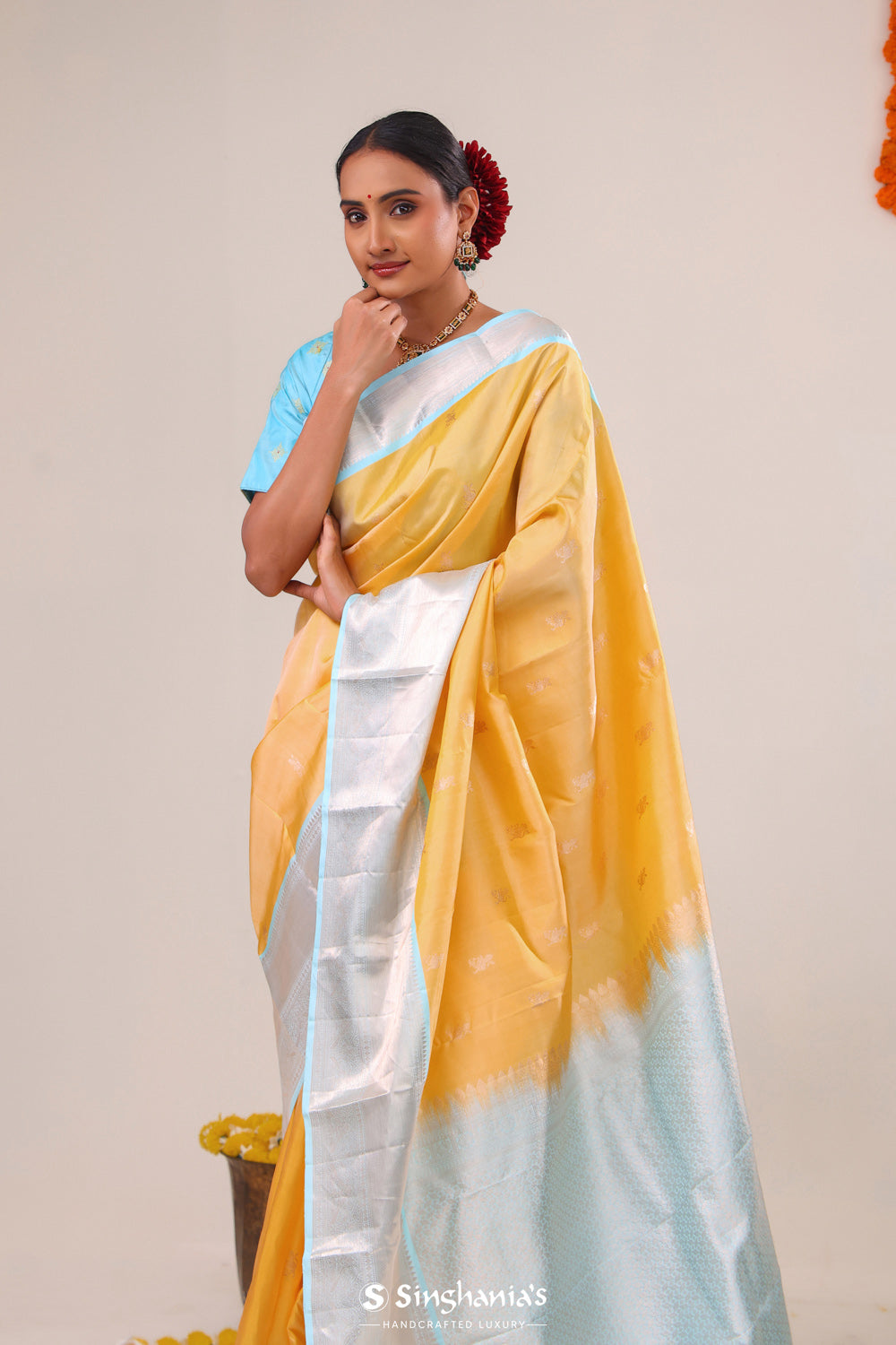 Yellow Peach Kanjivaram Silk Saree