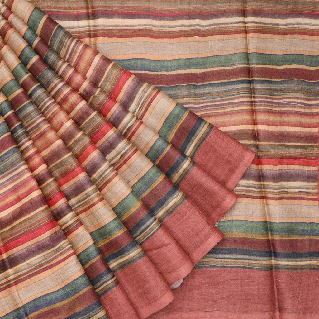 Multicolor Tussar Saree With Printed Striped Pattern - Singhania's