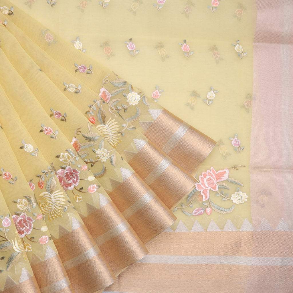 Parmesan Yellow Organza Saree With Floral Embroidered Pattern - Singhania's